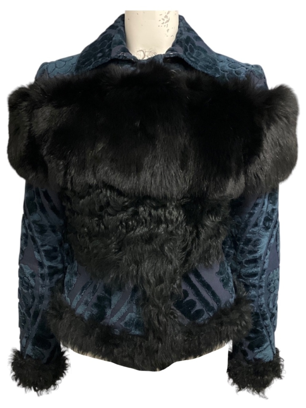 Burberry Prorsum Blue / Black Fur Trimmed Velvet Jacquard Jacket